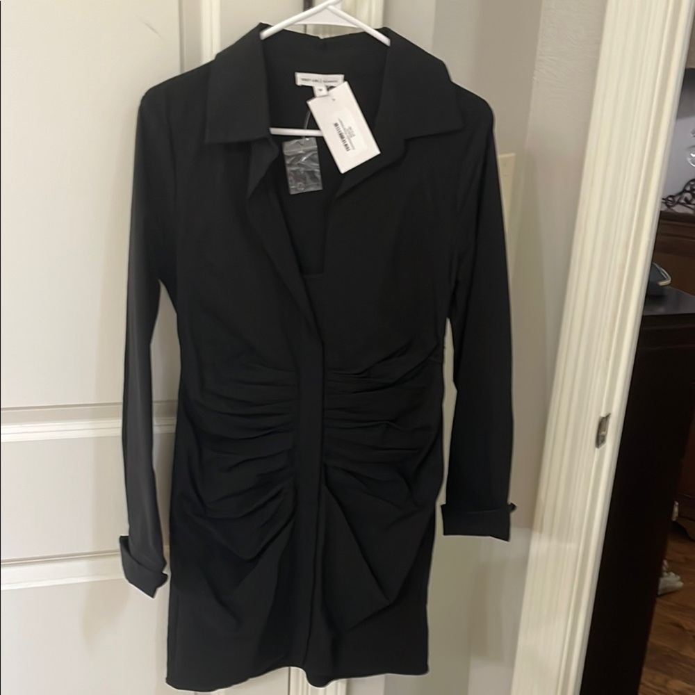 GREY LAB Black Sheath Dress with Notched Collar and Ruched Details